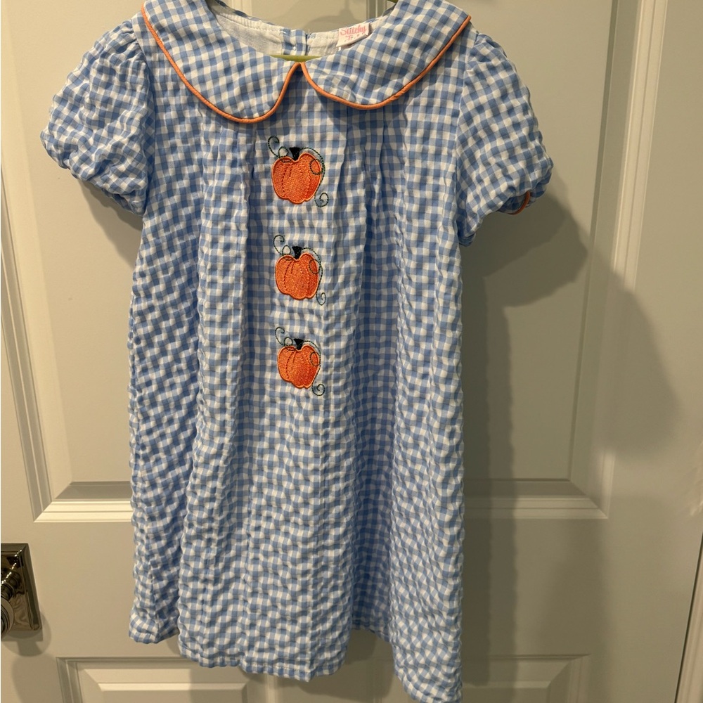 Blue and White Gingham Kids Dress with Pumpkin Appliqué